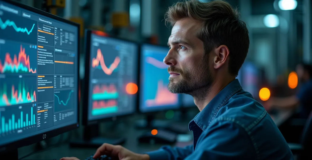 Industrial control room showing VSD monitoring system with performance curves