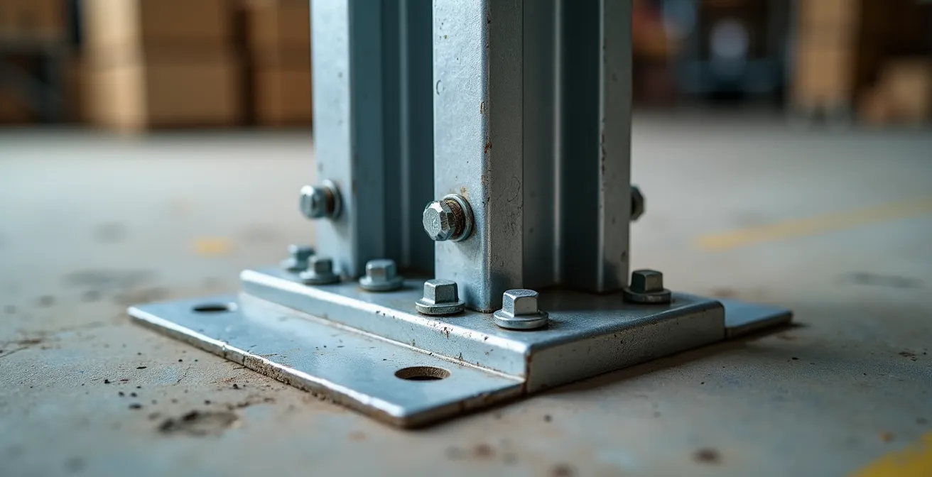 Close-up detail of mezzanine floor support structure showing load distribution