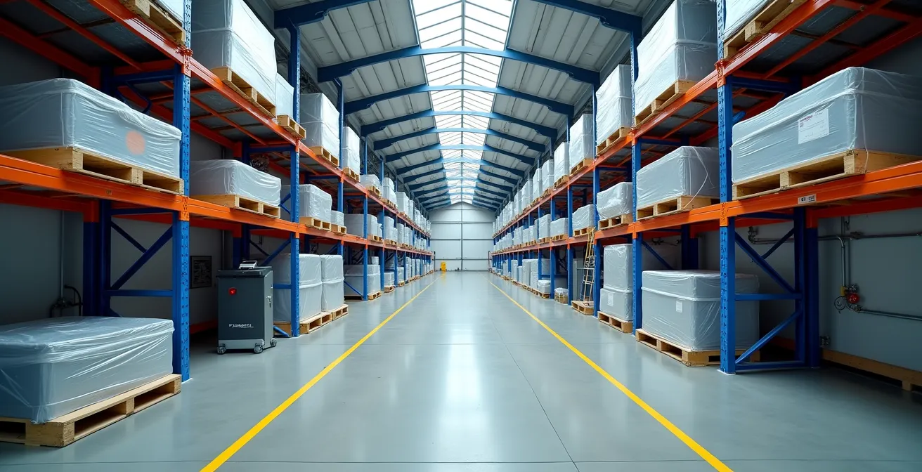 Organized warehouse storage system for idle modular manufacturing units