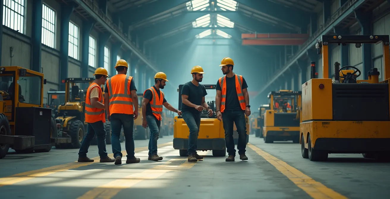 Factory floor during weekend reorganization with equipment being moved and floor markings visible