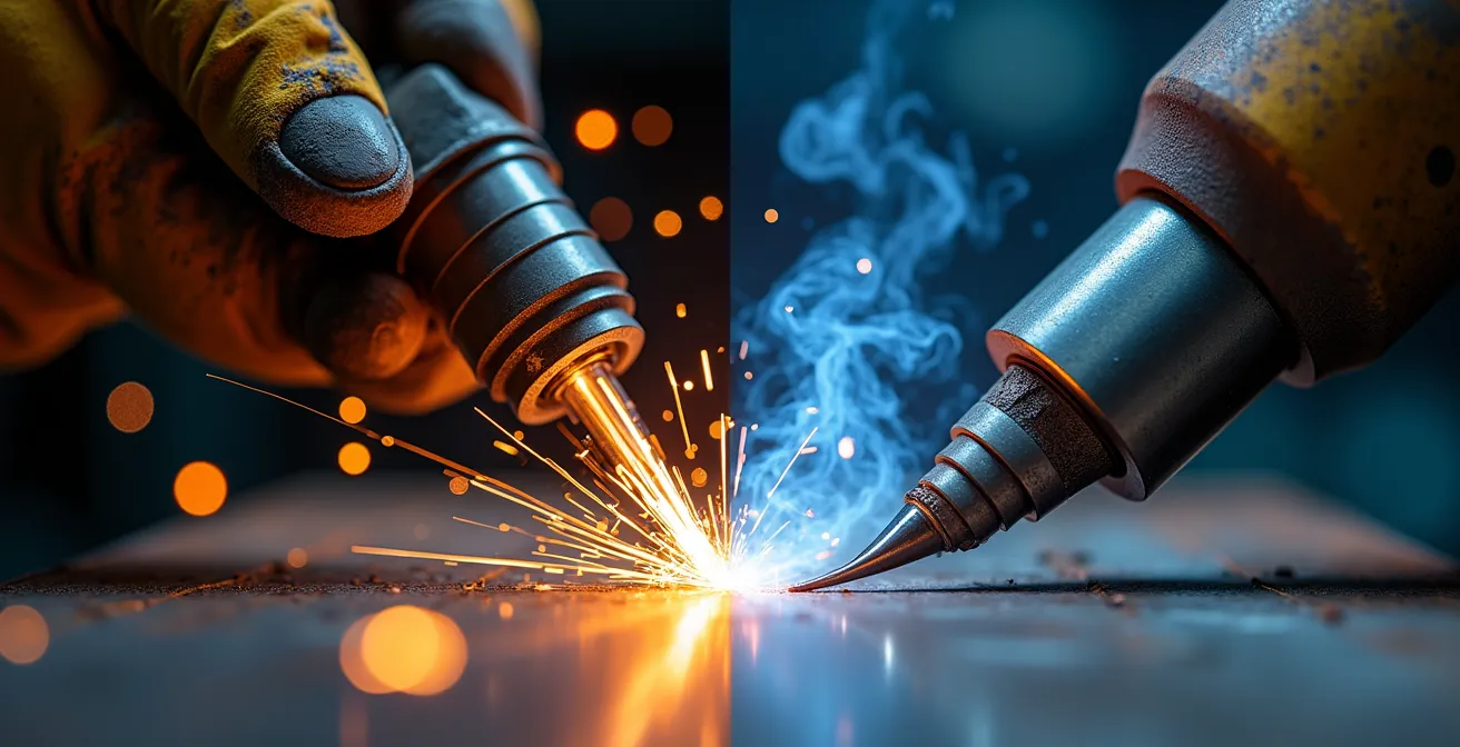 Macro photograph showing contrast between smoky arc welding and clean friction stir welding process