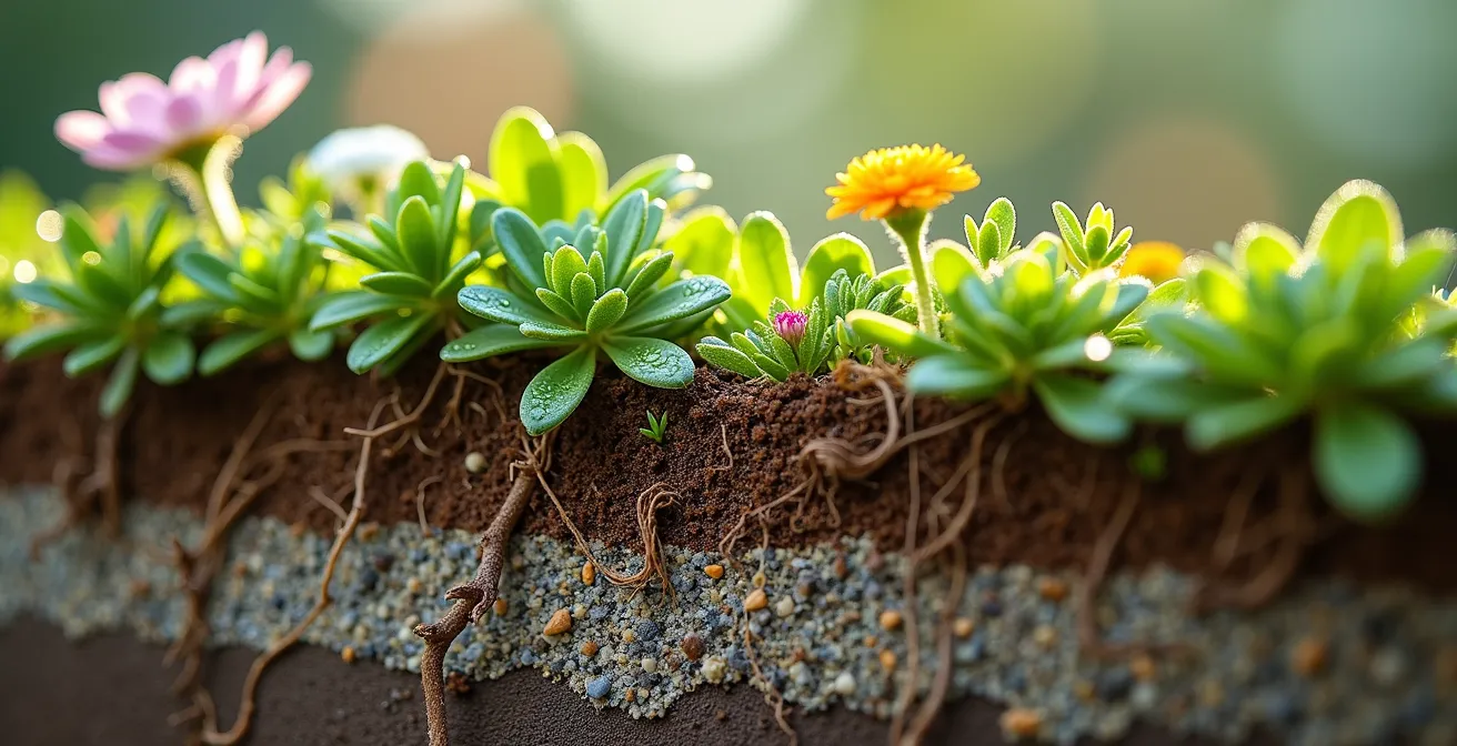 Cross-section view of a biodiverse green roof system on an industrial building showing substrate layers and wildflower planting